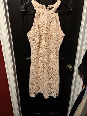 Lulu's Blush Crochet Halter Mini Dress with Floral Lace
